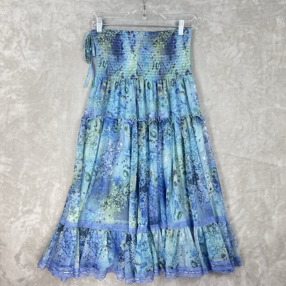 Lapis Fairy Garden Smocked Tiered Floral Midi Skirt Small Y2K Cottagecore Boho - Picture 7 of 16